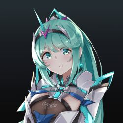 Rule 34 | 1girl, black background, breasts, chest jewel, earrings, gradient background, green background, green eyes, green hair, highres, jewelry, large breasts, long hair, pneuma (xenoblade), ponytail, sarasadou dan, smile, solo, spoilers, swept bangs, tiara, upper body, xenoblade chronicles (series), xenoblade chronicles 2
