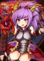 Rule 34 | 1girl, absurdres, bare shoulders, dragon, dragon girl, dragon horns, dragon wings, elbow gloves, fingerless gloves, fins, fire, gem, gloves, head fins, heterochromia, highres, horns, long hair, on shoulder, open mouth, polearm, purple eyes, purple hair, puzzle &amp; dragons, red dragon (p&amp;d), samoore, sonia (p&amp;d), spear, thighhighs, weapon, wings, yellow eyes