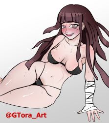 Rule 34 | 1girl, absurdres, artist name, bandaged arm, bandaged hand, bandages, bikini, black bikini, blush, breasts, cleavage, collarbone, crossed legs, danganronpa (series), danganronpa 2: goodbye despair, drooling, ears, english text, female focus, grey background, gtora, highres, leaning, leaning to the side, long hair, looking at viewer, medium breasts, mole, mole under eye, navel, nervous sweating, open mouth, purple eyes, purple hair, red text, saliva, signature, simple background, solo, sweat, sweatdrop, swimsuit, teeth, thong, tongue, tsumiki mikan, twitter username, upper teeth only