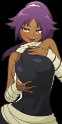 animated animated_gif bleach breasts dark_skin happy mike_inel ninja nipples purple_hair shihouin_yoruichi tagme third-party_edit tongue tongue_out transparent transparent_background