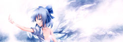 Rule 34 | 1girl, blue eyes, blue hair, bow, cirno, collarbone, female focus, flat chest, gradient background, hair bow, highres, long image, matching hair/eyes, off shoulder, open clothes, open shirt, shirt, short hair, solo, torn clothes, touhou, uraomote, white background, wide image, wings