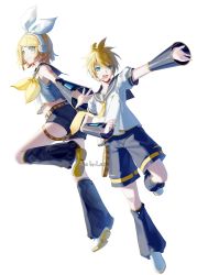 Rule 34 | 1boy, 1girl, arm warmers, artist name, bare shoulders, bass clef, belt, black collar, black shorts, black sleeves, blonde hair, blue eyes, bow, collar, commentary, crop top, detached sleeves, full body, hair bow, hair ornament, hairclip, headphones, headset, highres, kagamine len, kagamine rin, leg up, leg warmers, liita (dusk snow), looking at viewer, nail polish, neckerchief, necktie, open mouth, outstretched arm, outstretched hand, sailor collar, school uniform, shirt, short hair, short ponytail, short shorts, short sleeves, shorts, shoulder tattoo, sleeveless, sleeveless shirt, smile, spiked hair, swept bangs, tattoo, vocaloid, white background, white bow, white shirt, yellow nails, yellow neckerchief