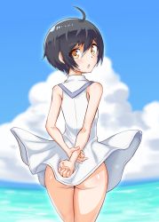 Rule 34 | 1boy, ahoge, androgynous, ass, black hair, blush, cloud, cougar (cougar1404), dress, from behind, gluteal fold, kobayashi yoshio, looking at viewer, looking back, male focus, open mouth, ranpo kitan, shiny skin, short hair, solo, trap, wind, yellow eyes