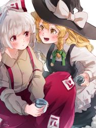 Rule 34 | 2girls, apron, arm up, back bow, blonde hair, blush, bow, bowtie, braid, breasts, brown shirt, buttons, closed mouth, collared shirt, commentary request, cup, dress, drink, frills, fujiwara no mokou, gradient clothes, green bow, green bowtie, grey apron, grey bow, grey dress, grey hair, grey headwear, grey shirt, hair between eyes, hair bow, hands up, hat, hat bow, highres, juliet sleeves, kirisame marisa, long hair, long sleeves, looking at another, medium breasts, mokoiscat, multicolored bow, multiple girls, ofuda, ofuda on clothes, open mouth, pants, puffy long sleeves, puffy sleeves, purple pants, red bow, red eyes, red pants, shirt, simple background, single braid, sitting, smile, teeth, tongue, touhou, water, white background, white bow, witch hat, yellow eyes