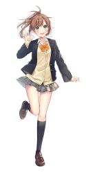 Rule 34 | 1girl, absurdres, anzu (vtuber), anzu 1026, arm at side, black socks, blazer, blouse, bow, bowtie, brown footwear, brown hair, cardigan, collared shirt, earrings, full body, green eyes, grey skirt, hand up, highres, indie virtual youtuber, jacket, jewelry, kneehighs, light blush, loafers, long sleeves, looking at viewer, open clothes, open jacket, open mouth, orange bow, orange bowtie, plaid, plaid skirt, pleated skirt, ponytail, shirt, shoes, signature, simple background, skirt, smile, socks, solo, standing, standing on one leg, stud earrings, teeth, upper teeth only, virtual youtuber, white background, white shirt