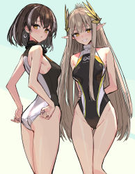 Rule 34 | 2girls, alternate costume, arknights, arms behind back, black one-piece swimsuit, blush, breasts, brown hair, competition swimsuit, covered navel, cowboy shot, earrings, facing away, feather hair ornament, feathers, gradient background, groin, hair ornament, highres, jewelry, long hair, looking at viewer, magallan (arknights), medium breasts, muelsyse (arknights), multicolored hair, multiple girls, one-piece swimsuit, open mouth, pointy ears, rhine lab logo, short hair, sigm@, smile, streaked hair, swimsuit, teeth, very long hair, yellow eyes