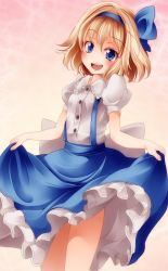 Rule 34 | 1girl, :d, alice margatroid, alice margatroid (pc-98), bad id, bad pixiv id, blonde hair, blouse, blue eyes, female focus, hairband, highres, looking at viewer, open mouth, shirt, short hair, skirt hold, smile, solo, suspenders, touhou, touhou (pc-98), tsukishiro saika