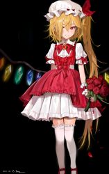 Rule 34 | 1girl, absurdres, black background, blonde hair, bouquet, bow, bowtie, brooch, dress, fingernails, flandre scarlet, flower, freng, hair over one eye, hat, hat ribbon, highres, huge filesize, jewelry, long fingernails, long hair, looking at viewer, mob cap, nail polish, one eye covered, pointy ears, puffy short sleeves, puffy sleeves, red bow, red bowtie, red dress, red eyes, red flower, red footwear, red nails, red ribbon, red rose, ribbon, rose, sharp fingernails, shirt, shoes, short hair with long locks, short sleeves, side ponytail, simple background, smile, solo, standing, thighhighs, touhou, very long hair, white hat, white shirt, white thighhighs, wings, wrist cuffs