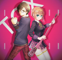 Rule 34 | 1boy, 1girl, alternate costume, alternate hairstyle, asazuke25, bespectacled, blazer, brown eyes, brown hair, clenched hand, copyright name, glasses, green eyes, highres, jacket, jude mathis, leia rolando, official alternate costume, pants, pink background, pink skirt, plaid, plaid skirt, school uniform, short hair, skirt, smile, staff, tales of (series), tales of xillia