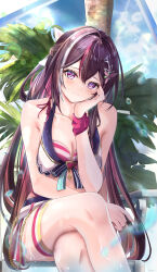 Rule 34 | 1girl, absurdres, azki (hololive), bare shoulders, black hair, blush, breasts, cleavage, closed mouth, collarbone, colored inner hair, hair between eyes, hair ornament, highres, hololive, hololive summer 2023 swimsuit, long hair, looking at viewer, medium breasts, multicolored hair, pink hair, purple eyes, smile, solo, streaked hair, swimsuit, thighs, virtual youtuber, white hair, yuki haru