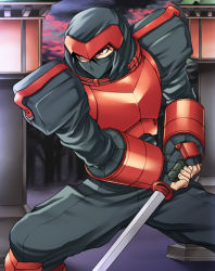 Rule 34 | 1boy, armor, brown eyes, fingerless gloves, galaxy fight, gloves, inaho, kazuma (galaxy fight), male focus, mask, ninja, pants, red armor, solo, sunsoft, sword, weapon