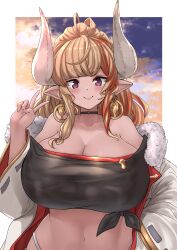 Rule 34 | 1girl, absurdres, blonde hair, blush, breasts, cleavage, coat, crop top, draph, former divine boar (granblue fantasy), granblue fantasy, highres, horns, huge breasts, long hair, multicolored hair, nagisa otoha, navel, off-shoulder shirt, off shoulder, open clothes, open coat, pointy ears, purple eyes, red hair, shirt, smile, solo, stomach, streaked hair, tied shirt, upper body, v, wide sleeves