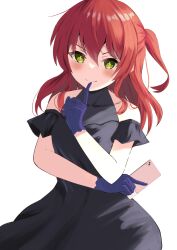 Rule 34 | 1girl, absurdres, black dress, bocchi the rock!, cellphone, cross-shaped pupils, dress, file112056, gloves, green eyes, hair between eyes, hand to own mouth, highres, holding, holding phone, kita ikuyo, long hair, one side up, phone, red hair, sleeveless, sleeveless dress, smartphone, symbol-shaped pupils, tagme