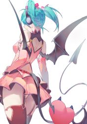 Rule 34 | 1girl, absurdres, aqua hair, ass, belt, braid, breasts, clothing cutout, cowboy shot, demon tail, demon wings, detached sleeves, from behind, from below, garter straps, hair ribbon, hand on own hip, hatsune miku, headphones, heart, heart cutout, highres, kako (pixiv77158173), medium breasts, pink skirt, pink top, red belt, red ribbon, ribbon, simple background, skirt, solo, tail, thighhighs, twintails, vocaloid, white background, wings
