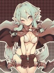 Rule 34 | 1girl, aqua eyes, aqua hair, blush, bow (weapon), bra, breasts, breasts squeezed together, brown background, cape, elf, gloves, goblin slayer!, high elf archer (goblin slayer!), holding, holding bow (weapon), holding weapon, long hair, medium breasts, navel, one eye closed, parororo, pointy ears, ribbon, smile, solo, twintails, underwear, weapon, white bra, white hair