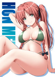 Rule 34 | 1girl, arm up, bare arms, bare legs, bare shoulders, bikini, black bow, black ribbon, blush, bow, braid, breasts, character name, closed mouth, green bikini, green eyes, hair bow, hair ribbon, highres, hong meiling, long hair, looking at viewer, medium breasts, multi-strapped bikini, navel, nori tamago, red hair, ribbon, side ponytail, simple background, sitting, smile, solo, swimsuit, touhou, twin braids