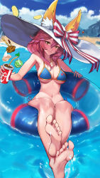 Rule 34 | 1girl, absurdres, animal ear fluff, animal ears, armpits, barefoot, beach, bikini, blue bikini, blurry, blush, bokeh, breasts, chocolate, cleavage, cup, day, depth of field, diffraction spikes, ears through headwear, fate/grand order, fate (series), feet, food, foot focus, foreshortening, fox ears, fox tail, fruit, hair between eyes, hat, head tilt, highres, holding, holding cup, ice cream, innertube, jewelry, large breasts, legs together, lime (fruit), lime slice, long hair, looking at viewer, navel, necklace, outdoors, palm tree, pink hair, reclining, shaded face, shell, shell necklace, side-tie bikini bottom, sitting, skindentation, smile, soles, solo, stomach, string bikini, swim ring, swimsuit, tail, tamamo (fate), tamamo no mae (fate/extra), tamamo no mae (swimsuit lancer) (fate), toes, tree, wafer stick, wavy hair, wet, white hat, wide hips, wuguno ziran juan, yellow eyes