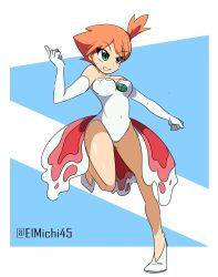 Rule 34 | 1girl, absurdres, asymmetrical hair, bare shoulders, blush, breasts, cosplay, cowboy shot, creatures (company), dress, el michi45, elbow gloves, female focus, game freak, gen 1 pokemon, gloves, goldeen, goldeen (cosplay), green eyes, hair tie, highres, legs, looking at another, medium breasts, misty (pokemon), navel, nintendo, orange hair, pokemon, pokemon (anime), pokemon (classic anime), pokemon ep043, ponytail, shirt, short hair, side ponytail, simple background, solo, thighs