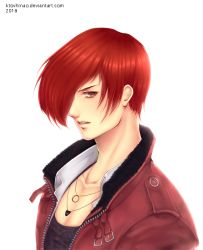 Rule 34 | 1boy, brown eyes, collarbone, fur collar, hair over one eye, jacket, jewelry, ktovhinao, looking at viewer, male focus, necklace, open clothes, open jacket, parted lips, pendant, red hair, red jacket, simple background, snk, solo, the king of fighters, the king of fighters xiv, unzipped, white background, yagami iori