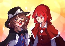 Rule 34 | + +, 2girls, :o, black cape, bow, bowtie, brown eyes, brown hair, cape, capelet, clenched hands, commentary, english commentary, glasses, gloves, hat, long sleeves, looking at another, medium hair, multiple girls, okazaki yumemi, red-framed eyewear, red eyes, red hair, red neckwear, round teeth, semi-rimless eyewear, speckticuls, teeth, touhou, touhou (pc-98), trait connection, under-rim eyewear, upper body, usami sumireko, v-shaped eyebrows, white gloves
