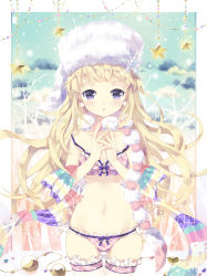 Rule 34 | 1girl, bad id, bad pixiv id, blonde hair, blush, bra, clover4th, earrings, fur hat, hat, jewelry, lingerie, long hair, navel, nyanya, original, own hands together, panties, purple eyes, scarf, snowflakes, solo, star (symbol), thigh gap, thighhighs, underwear, underwear only, white thighhighs