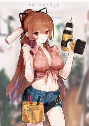 Rule 34 | 1girl, alternate costume, artist name, azur lane, belt, belt pouch, black ribbon, breasts, brown hair, cleavage, closed mouth, collared shirt, commentary request, contrapposto, daible, denim, denim shorts, drill, hair ribbon, highres, large breasts, long hair, midriff, navel, paint roller, pliers, polka dot, polka dot shirt, ponytail, pouch, power drill, power tool, red eyes, ribbon, screwdriver, shirt, short shorts, shorts, sidelocks, smile, solo, standing, swiftsure (azur lane), tied shirt, tool belt, very long hair