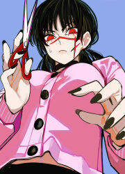 Rule 34 | 1girl, black choker, black hair, black nails, blue background, chainsaw man, choker, from above, highres, holding, holding scissors, looking at viewer, looking down, pink sweater, red eyes, ringed eyes, sailen0, scar, scar on face, scissors, sweatdrop, sweater, twintails, yoru (chainsaw man)