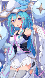 Rule 34 | 1girl, bare shoulders, blue eyes, blue hair, blush, breasts, commentary, detached collar, detached sleeves, dress, duel monster, garter straps, hair between eyes, hat, highres, holding, holding rope, kujira hebi, large breasts, long hair, magistus verre cendrillon, multicolored hair, open mouth, pink ribbon, purple hair, ribbon, rilliona (yu-gi-oh!), rilliona the magistus of verre, rope, solo, star (symbol), streaked hair, thighhighs, two-tone hair, white dress, wide sleeves, witch hat, yu-gi-oh!