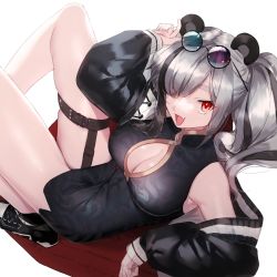 Rule 34 | 1girl, :d, animal ears, arknights, arm support, arm up, bare shoulders, black dress, black footwear, black hair, black jacket, breasts, china dress, chinese clothes, cleavage, cleavage cutout, clothing cutout, commentary, dress, eyewear on head, fang, feater (arknights), from above, grey hair, hair over one eye, highres, ichibi, jacket, knees up, large breasts, leg belt, long hair, long sleeves, looking at viewer, looking up, multicolored hair, off shoulder, open mouth, panda ears, red eyes, shoes, sitting, sleeveless, sleeveless dress, smile, solo, streaked hair, sunglasses, symbol-only commentary, thick eyebrows, thighs, twintails, white background