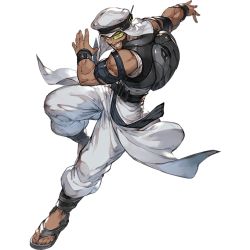 Rule 34 | 10s, 1boy, backpack, bag, barefoot sandals (jewelry), beard, crossover, dark-skinned male, dark skin, facial hair, full body, granblue fantasy, keffiyeh, looking at viewer, male focus, minaba hideo, official art, rashid (street fighter), sandals, scouter, smile, solo, street fighter, street fighter v, transparent background, wristband