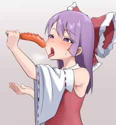 Rule 34 | 1other, androgynous, blush, bow, commentary request, cookie (touhou), detached sleeves, fellatio, frilled bow, frills, grey background, hakurei reimu, heart, heart-shaped pupils, highres, hot dog, ketchup, long hair, medium bangs, mugi (cookie), open mouth, oral, other focus, pura (aiueo256375), purple eyes, purple hair, red bow, red shirt, ribbon-trimmed sleeves, ribbon trim, sexually suggestive, shirt, simulated fellatio, sleeveless, sleeveless shirt, solo, symbol-shaped pupils, touhou, upper body, white sleeves, wide sleeves