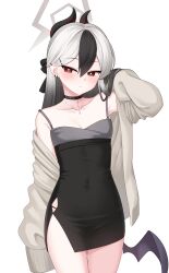 Rule 34 | 1girl, absurdres, black choker, black dress, black hair, black horns, black skirt, black wings, blue archive, blush, breasts, choker, cleavage, closed mouth, collarbone, cowboy shot, demon horns, dress, grey hair, grey jacket, hair between eyes, halo, highres, horns, jacket, kayoko (blue archive), kayoko (dress) (blue archive), kurisu-kun, long hair, long sleeves, looking at viewer, multicolored hair, official alternate costume, open clothes, open jacket, red eyes, simple background, single wing, skirt, sleeveless, sleeveless dress, small breasts, solo, white background, wings