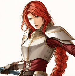Rule 34 | 1girl, armor, braid, brown eyes, cross-laced clothes, fire emblem, fire emblem: path of radiance, fuji (d38635s10), gauntlets, holding, holding weapon, long hair, nintendo, open mouth, red hair, shoulder armor, single braid, solo, titania (fire emblem), upper body, very long hair, weapon