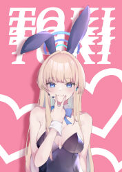 Rule 34 | 1girl, animal ears, armpit crease, bare shoulders, blonde hair, blue archive, blue bow, blue bowtie, blue eyes, blue leotard, blush, bow, bowtie, breasts, character name, collar, collarbone, commentary, detached collar, earpiece, fake animal ears, finger to face, fingersmile, hair intakes, halo, hand up, heart, highres, hojiro same, leotard, long hair, looking at viewer, mechanical halo, medium breasts, pink background, playboy bunny, rabbit ears, simple background, smile, toki (blue archive), toki (bunny) (blue archive), upper body, v, white collar, wrist cuffs