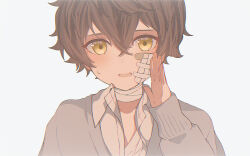 Rule 34 | 1boy, :d, bandage on face, bandage on neck, bandages, bandaid, bandaid on face, brown hair, hair between eyes, hand up, highres, looking at viewer, male focus, mole, mole under eye, open mouth, original, shirt, short hair, simple background, smile, solo, sweatdrop, upper body, white background, yellow eyes, yuxi