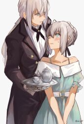 Rule 34 | 1boy, 1girl, ahoge, bedivere (fate), black suit, blue dress, blush, dress, fate/grand order, fate (series), formal, gray (fate), hair bun, highres, holding, holding tray, long hair, maru (ma-ru8), own hands together, suit, tea set, tray, twitter username