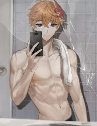 Rule 34 | 1boy, abs, ahoge, broken glass, cellphone, closed mouth, door, genshin impact, glass, hamutyar0, highres, holding, holding phone, looking at viewer, male focus, mask, mask on head, orange hair, pectorals, phone, purple eyes, scar, scar on chest, selfie, smartphone, solo, tartaglia (genshin impact), tile wall, tiles, toned, topless male, towel, towel around neck