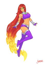 Rule 34 | 1girl, abs, absurdly long hair, absurdres, armband, artist name, bare shoulders, boots, breasts, commentary, dc comics, english commentary, fingerless gloves, fire, gloves, green eyes, highres, large breasts, long hair, midriff, muscular, muscular female, navel, parted lips, red hair, shardanic, short shorts, shorts, simple background, sleeveless, solo, starfire, teen titans, teeth, thigh boots, thighhighs, very long hair, watermark, white background