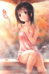 Rule 34 | 1girl, afloat, autumn, autumn leaves, breasts, brown hair, collarbone, goto p, hand up, highres, holding, holding leaf, holding towel, leaf, looking away, maple leaf, medium breasts, naked towel, onsen, original, outdoors, parted lips, pink towel, red eyes, shiny skin, sitting, skindentation, soaking feet, solo, sunny (goto p), towel, wet