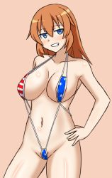 Rule 34 | 1girl, american flag bikini, areola slip, bikini, blue eyes, blush, breasts, brown hair, charlotte e. yeager, female focus, flag print, groin, hachimitsu-b, large breasts, looking at viewer, navel, smile, solo, strike witches, swimsuit, world witches series