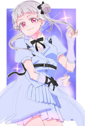 Rule 34 | 1girl, absurdres, arashi chisato, arm warmers, black ribbon, blue jacket, blue skirt, border, closed mouth, collared shirt, double bun, grey hair, hair bun, highres, jacket, jump into the new world, long hair, looking at viewer, love live!, love live! superstar!!, neck ribbon, outside border, pleated skirt, puffy short sleeves, puffy sleeves, purple background, red eyes, ribbon, shirt, short sleeves, sidelocks, skirt, solo, standing, twintails, upper body, white border, white shirt, ykepouty