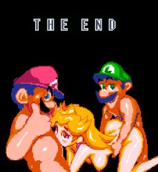Rule 34 | 1girl, 2boys, all fours, bad anatomy, big nose, black background, black eyes, blonde hair, blue eyes, breasts, closed mouth, crown, deep penetration, deepthroat, doggystyle, earrings, english text, eyebrows visible through hat, facial hair, fellatio, green eyes, green headwear, group sex, hand on another&#039;s head, hat, jewelry, jitome, kgu7067, large breasts, long hair, looking at viewer, luigi, mario, mario (series), mmf threesome, multiple boys, mustache, nintendo, nipples, nose, nude, official style, oral, pixel art, princess peach, red headwear, sex, sex from behind, simple background, smirk, smug, spitroast, super mario world, threesome, thumbs up, torso grab, yev-san