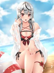 Rule 34 | 1girl, absurdres, beach, bikini, black bikini, black hair, breasts, cleavage, cloud, commentary, english commentary, hair ornament, halterneck, highres, hololive, innertube, jacket, large breasts, long hair, looking at viewer, mixed-language commentary, nail polish, navel, off shoulder, popcornflakes, red bikini, red eyes, red nails, sakamata chloe, see-through, see-through jacket, swim ring, swimsuit, thigh strap, tongue, tongue out, virtual youtuber, water, white hair, x hair ornament