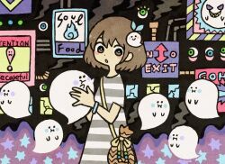Rule 34 | 1girl, bag, blue eyes, blue fire, blush, brown eyes, brown hair, dress, eyeball, fire, garouma, ghost, green eyes, holding, holding ghost, looking at viewer, open mouth, original, short hair, short sleeves, shoulder bag, sign, smoke, solo, striped clothes, striped dress
