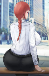 Rule 34 | 1girl, absurdres, ass, braid, braided ponytail, breasts, chainsaw man, highres, huge breasts, looking back, makima (chainsaw man), outdoors, pants, red eyes, red hair, shirt, sirosoil, sitting, smile
