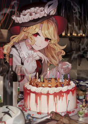 Rule 34 | 1girl, blonde hair, bottle, brown hat, brown vest, cake, chair, closed mouth, collared shirt, commentary request, cup, dolls in pseudo paradise, drinking glass, food, frilled hat, frilled shirt collar, frilled sleeves, frills, hat, highres, ishikawa sparerib, jacket girl (dipp), long hair, long sleeves, looking at viewer, mask, perfume bottle, pov, red eyes, shirt, smile, smoking pipe, solo, straw doll, touhou, very long hair, vest, wavy hair, white shirt, wine bottle, wine glass