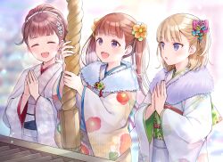 Rule 34 | 3girls, :d, ^ ^, blonde hair, bow, box, breath, brown hair, closed eyes, donation box, e (eokiba), flower, hair bow, hair flower, hair ornament, hatsumoude, japanese clothes, kimono, multiple girls, new year, open mouth, original, own hands together, pink bow, praying, purple eyes, smile, twintails
