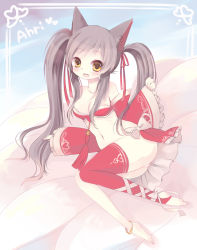 Rule 34 | 1girl, ahri (league of legends), alternate costume, alternate hairstyle, animal ears, black hair, blush, breasts, brown hair, child, cleavage, fangs, fox ears, fox tail, highres, konatsu miyu, league of legends, long hair, long sleeves, multiple tails, open mouth, panties, solo, tail, twintails, underwear, white panties, yellow eyes