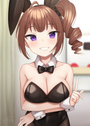 Rule 34 | 1girl, ahoge, animal ears, binsen, black bow, black bowtie, black hairband, black leotard, blurry, blurry background, bow, bowtie, breasts, brown hair, cleavage, collar, depth of field, detached collar, grin, hair bow, hairband, highres, idolmaster, idolmaster million live!, index finger raised, indoors, large breasts, leotard, looking at viewer, playboy bunny, purple eyes, rabbit ears, ringlets, side ponytail, signature, smile, solo, strapless, strapless leotard, white collar, wing collar, wrist cuffs, yokoyama nao