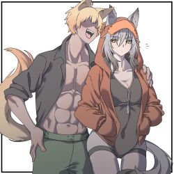 Rule 34 | 1boy, 1girl, abs, animal ears, arknights, black one-piece swimsuit, blonde hair, breasts, cleavage, closed mouth, collarbone, ear piercing, faceless, faceless male, grey fur, grey hair, hand on another&#039;s shoulder, hands in pockets, hood, hoodie, large breasts, long sleeves, male swimwear, muscular, muscular male, noiimad, one-piece swimsuit, open clothes, open mouth, open shirt, piercing, projekt red (arknights), projekt red (light breeze) (arknights), simple background, sleeves rolled up, swim trunks, swimsuit, tail, teeth, tongue, upper teeth only, white background, wolf boy, wolf ears, wolf girl, wolf tail, yellow eyes, yellow fur